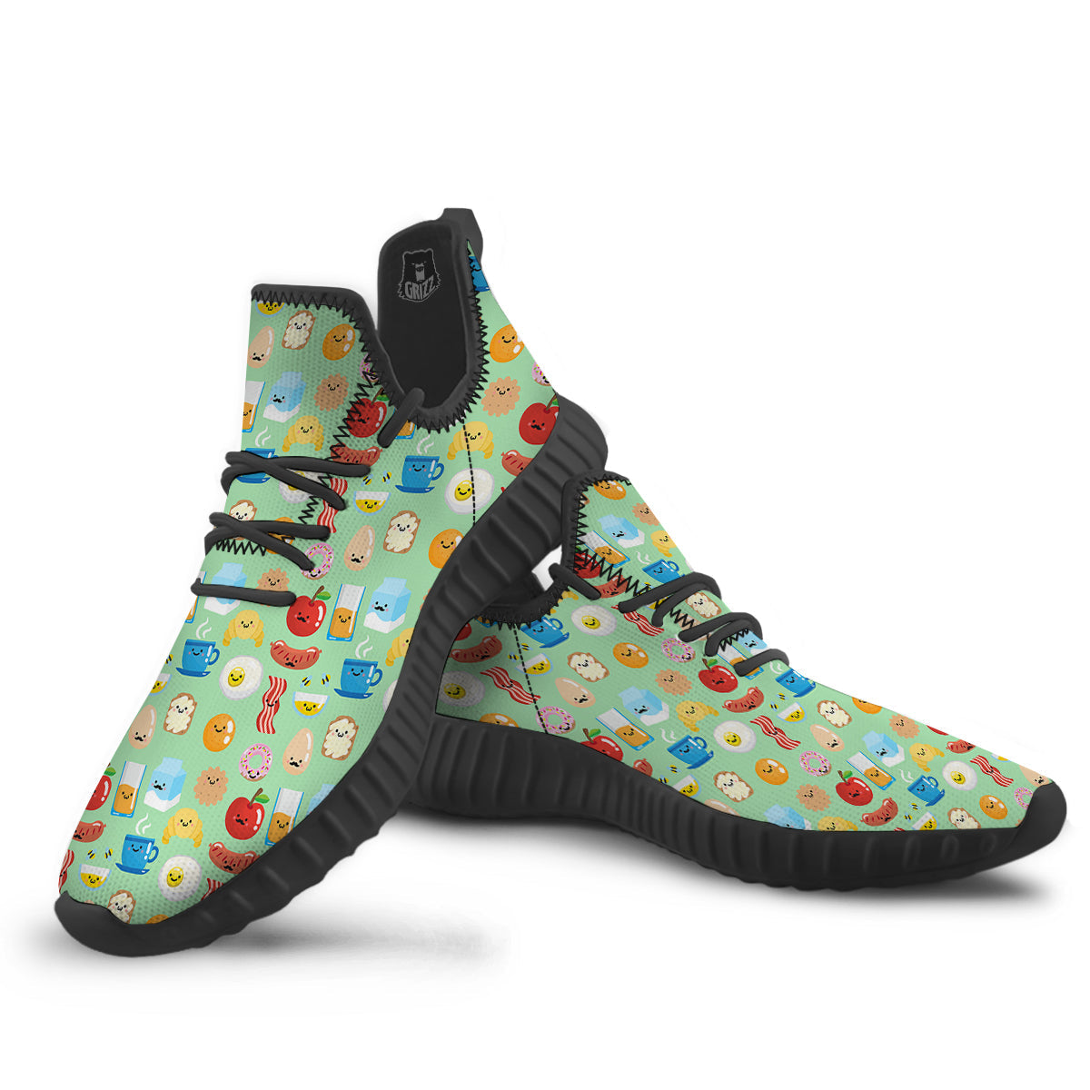 Breakfast Cartoon Print Pattern Black Walking Shoes-grizzshop