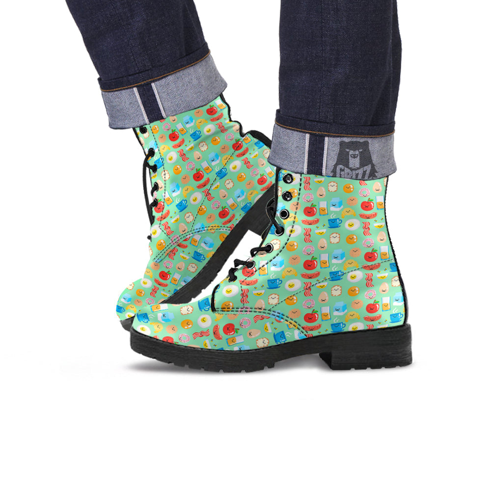 Breakfast Cartoon Print Pattern Leather Boots-grizzshop
