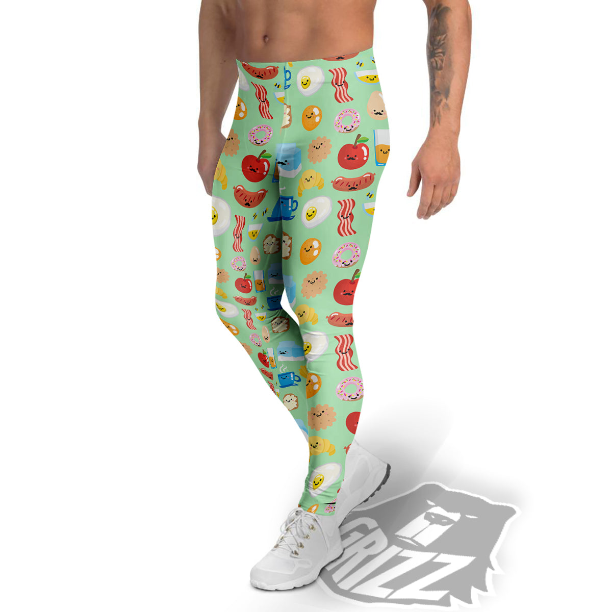 Breakfast Cartoon Print Pattern Men's Leggings-grizzshop