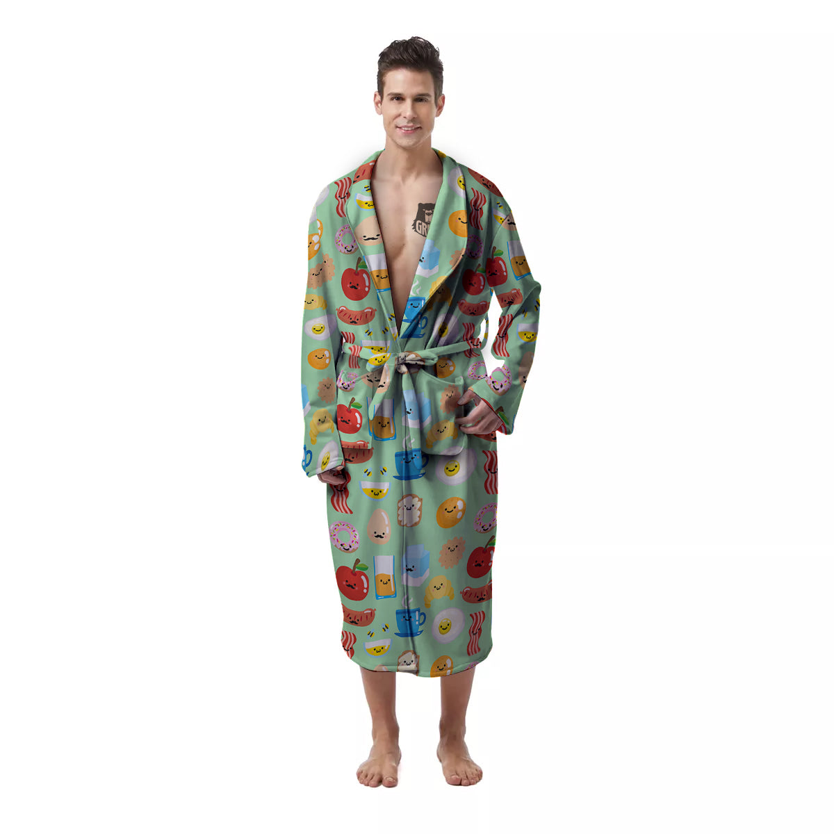 Breakfast Cartoon Print Pattern Men's Robe-grizzshop