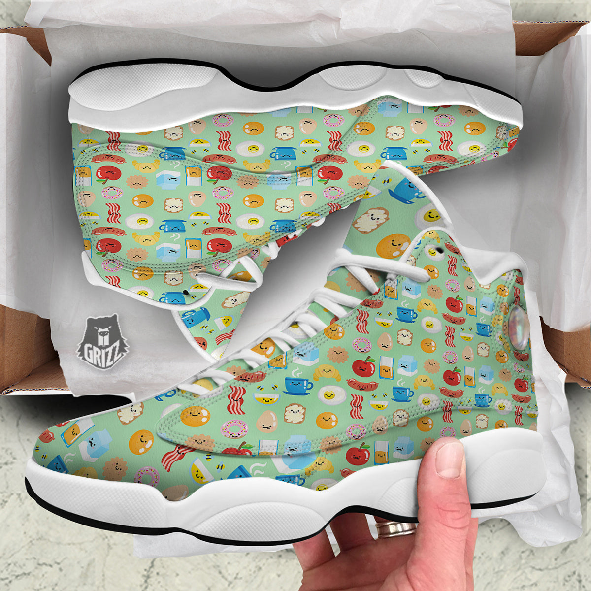 Breakfast Cartoon Print Pattern White Basketball Shoes-grizzshop