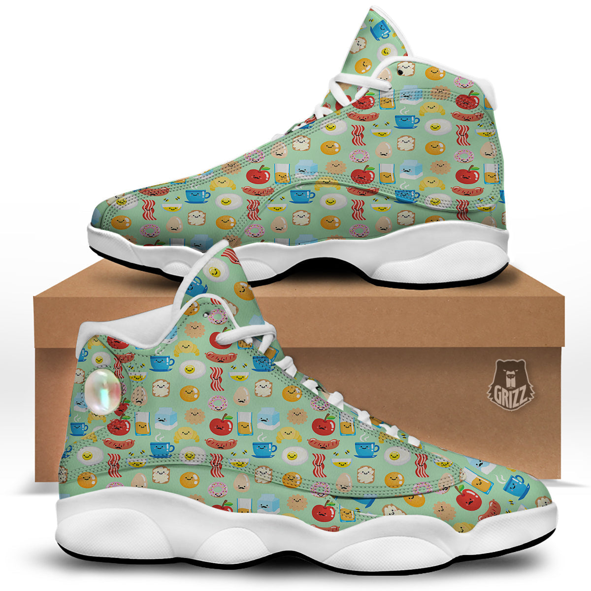 Breakfast Cartoon Print Pattern White Basketball Shoes-grizzshop