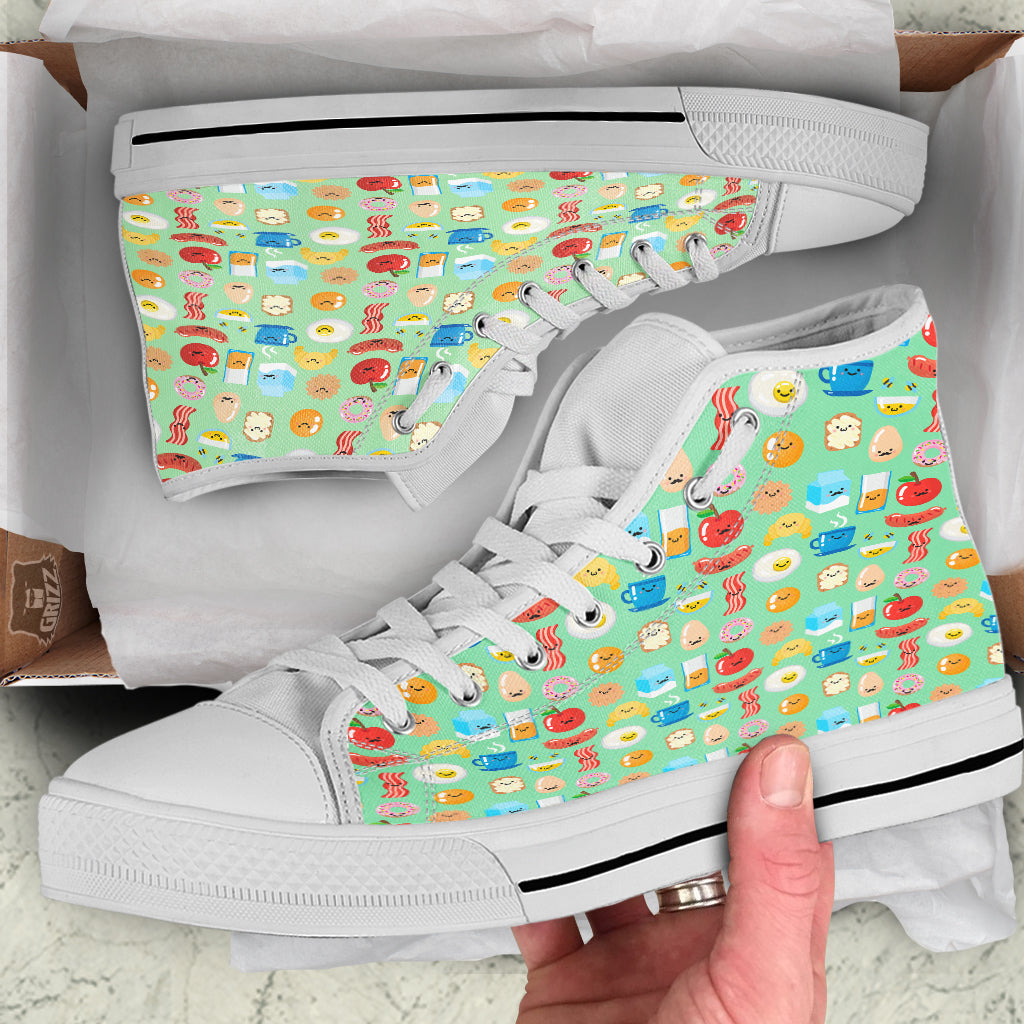 Breakfast Cartoon Print Pattern White High Top Shoes-grizzshop