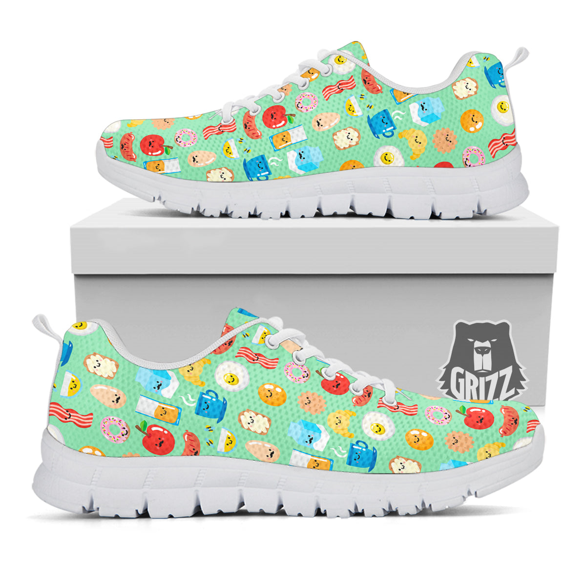 Breakfast Cartoon Print Pattern White Sneaker-grizzshop