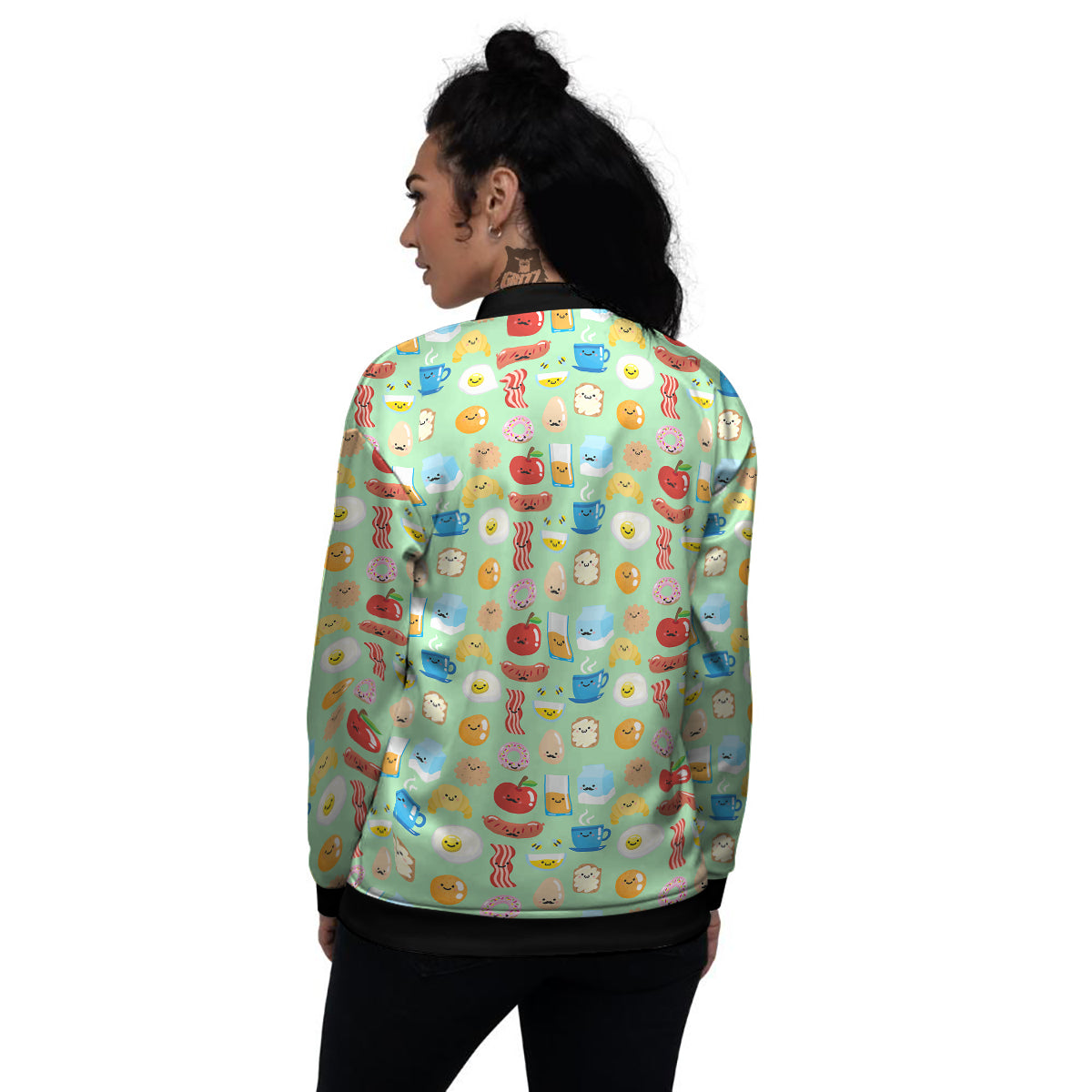 Breakfast Cartoon Print Pattern Women's Bomber Jacket-grizzshop
