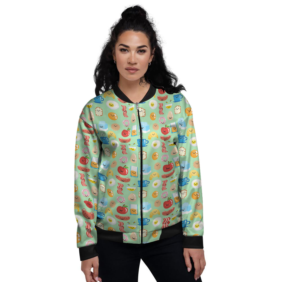 Breakfast Cartoon Print Pattern Women's Bomber Jacket-grizzshop
