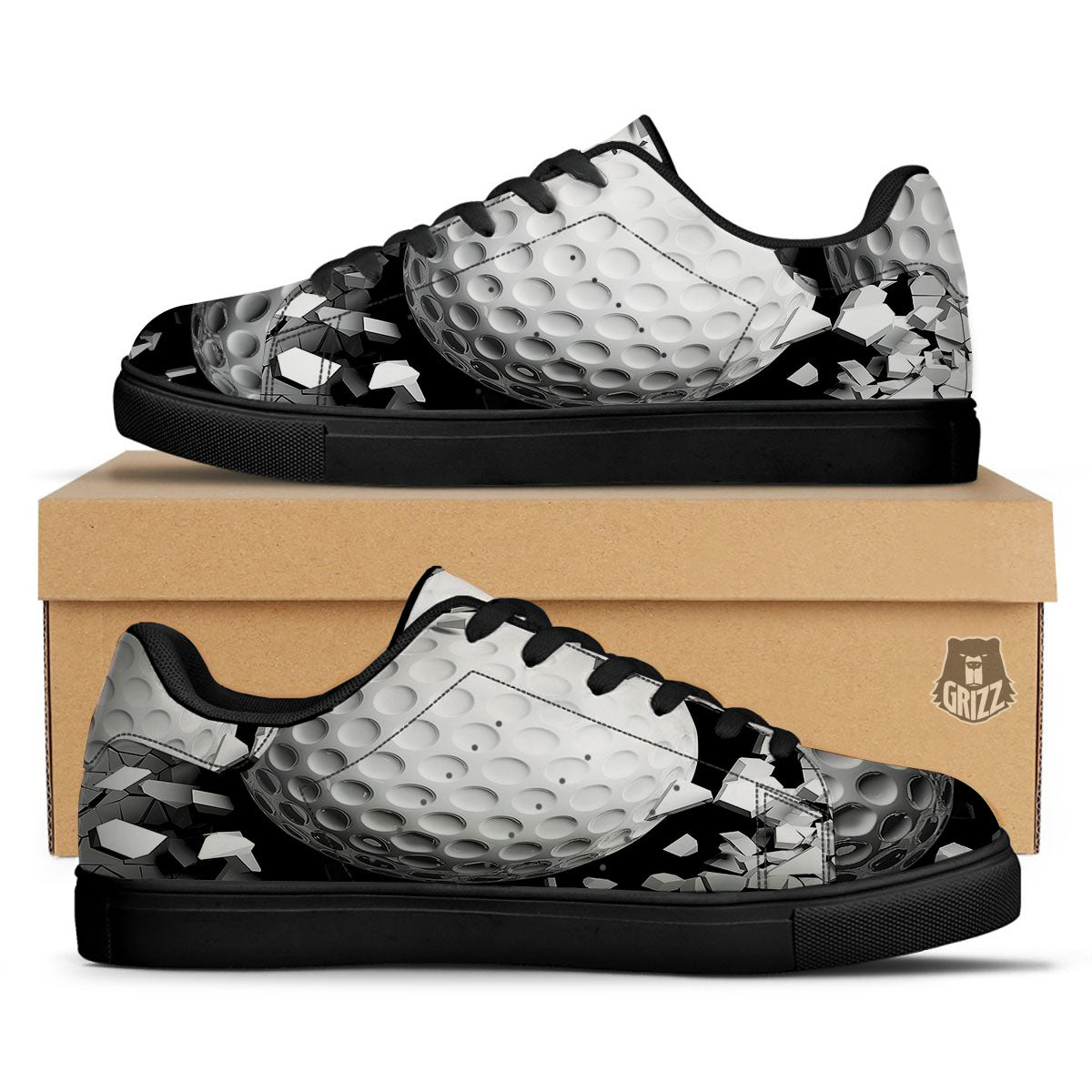 Breaking Wall Golf Ball Print Black Low Top Sneakers-grizzshop