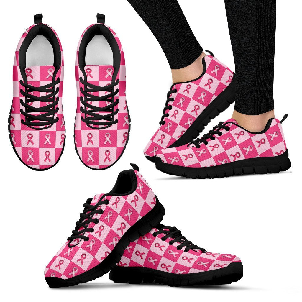 Breast Cancer Awareness Pink Ribbon Pattern Print Black Sneaker Shoes For Men Women-grizzshop