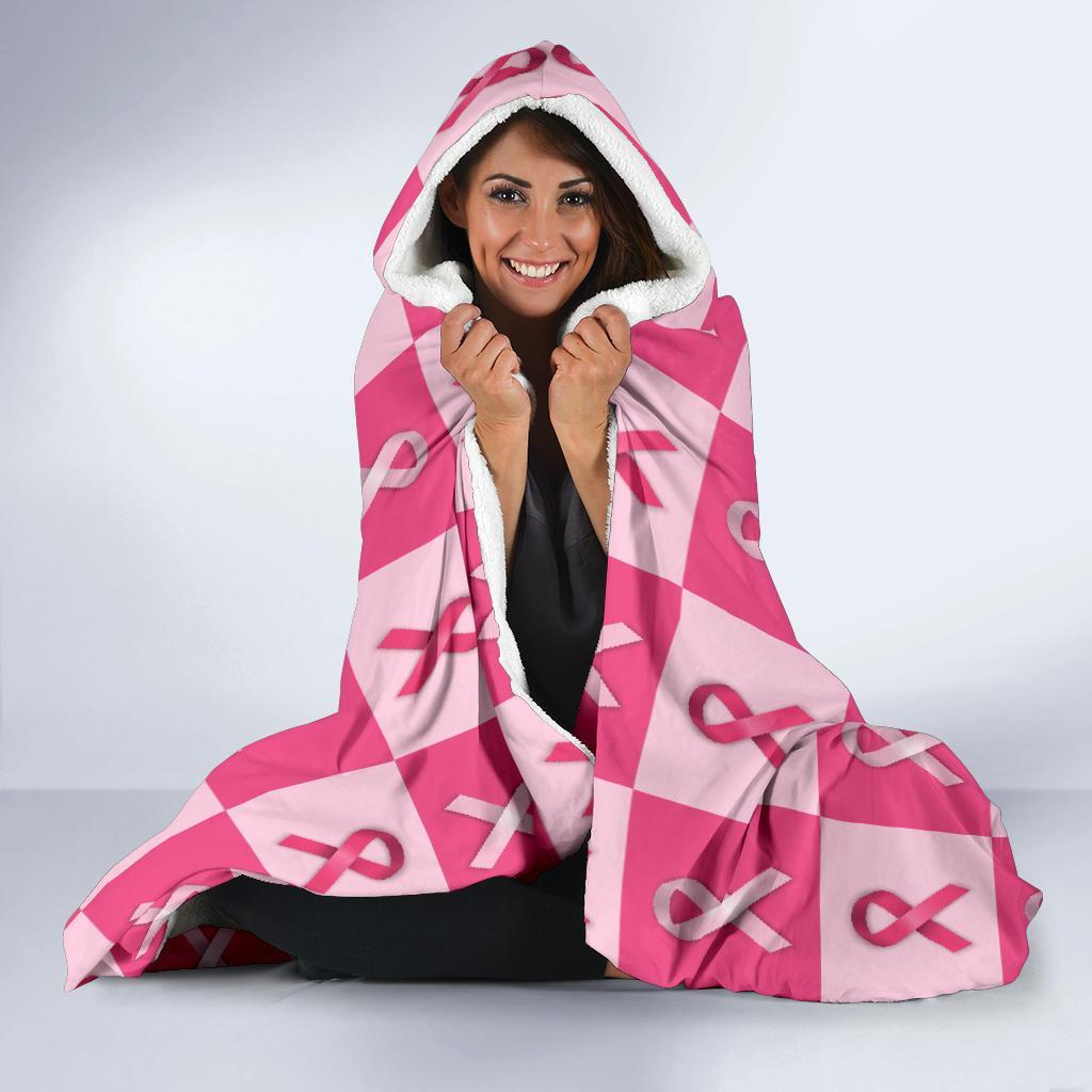 Breast Cancer Awareness Pink Ribbon Pattern Print Hooded Blanket-grizzshop