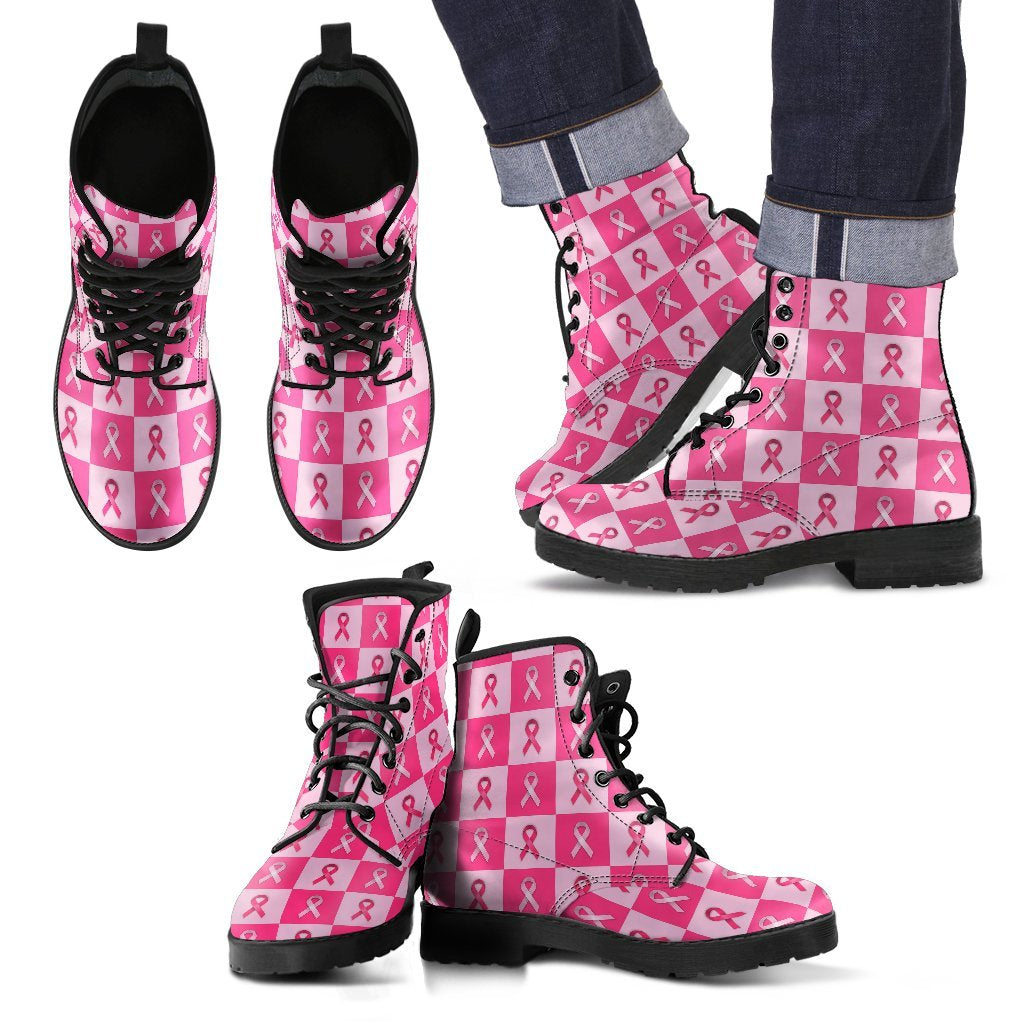 Breast Cancer Awareness Pink Ribbon Pattern Print Men Women Leather Boots-grizzshop