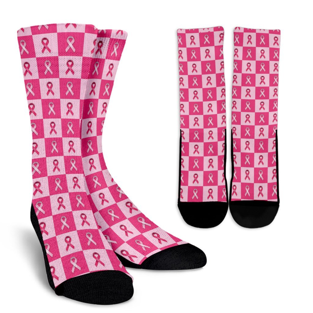 Breast Cancer Awareness Pink Ribbon Pattern Print Unisex Crew Socks-grizzshop