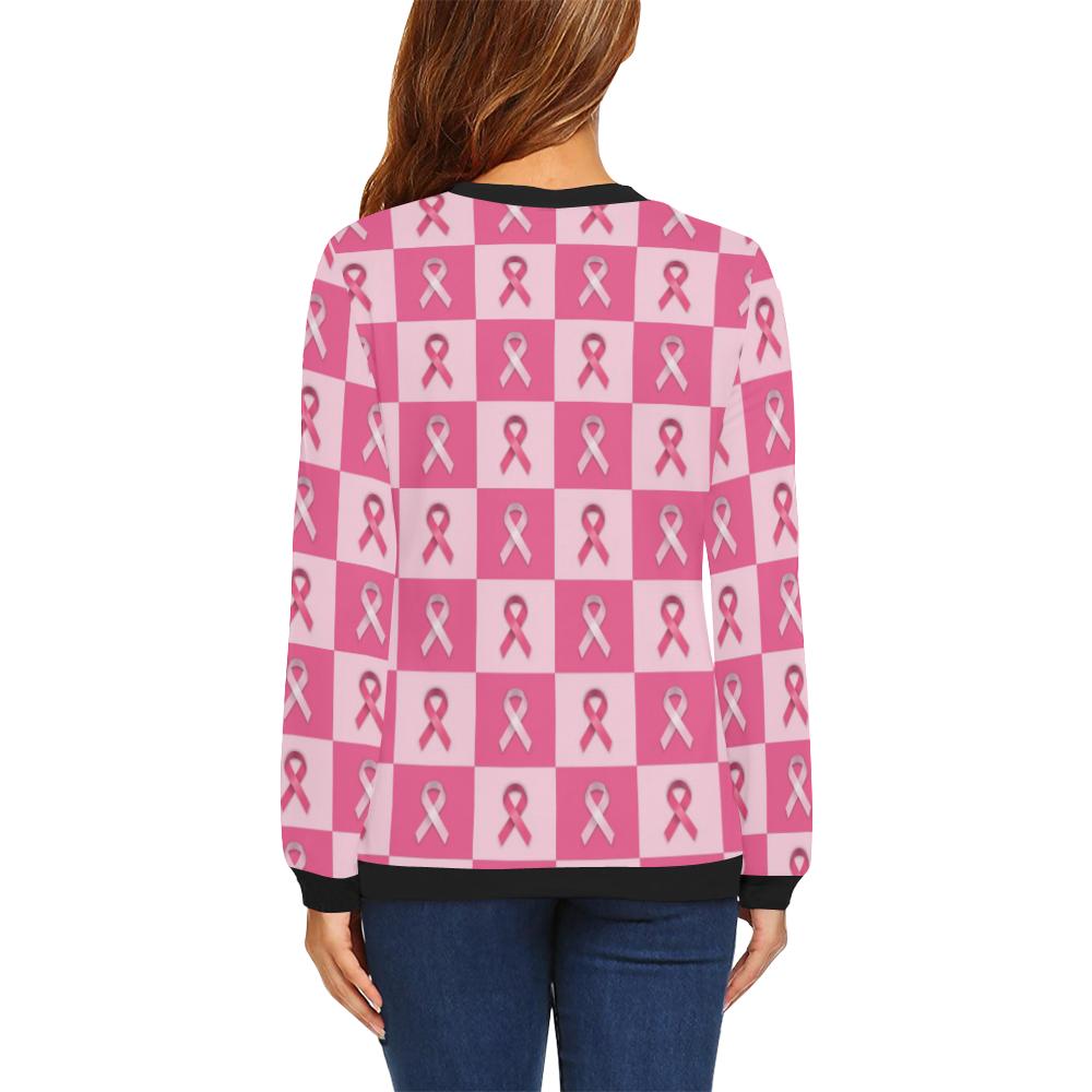 Breast Cancer Awareness Pink Ribbon Pattern Print Women Crewneck Sweatshirt-grizzshop