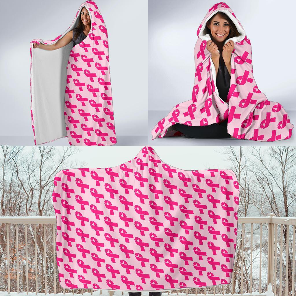 Breast Cancer Awareness Pink Ribbon Print Pattern Hooded Blanket-grizzshop