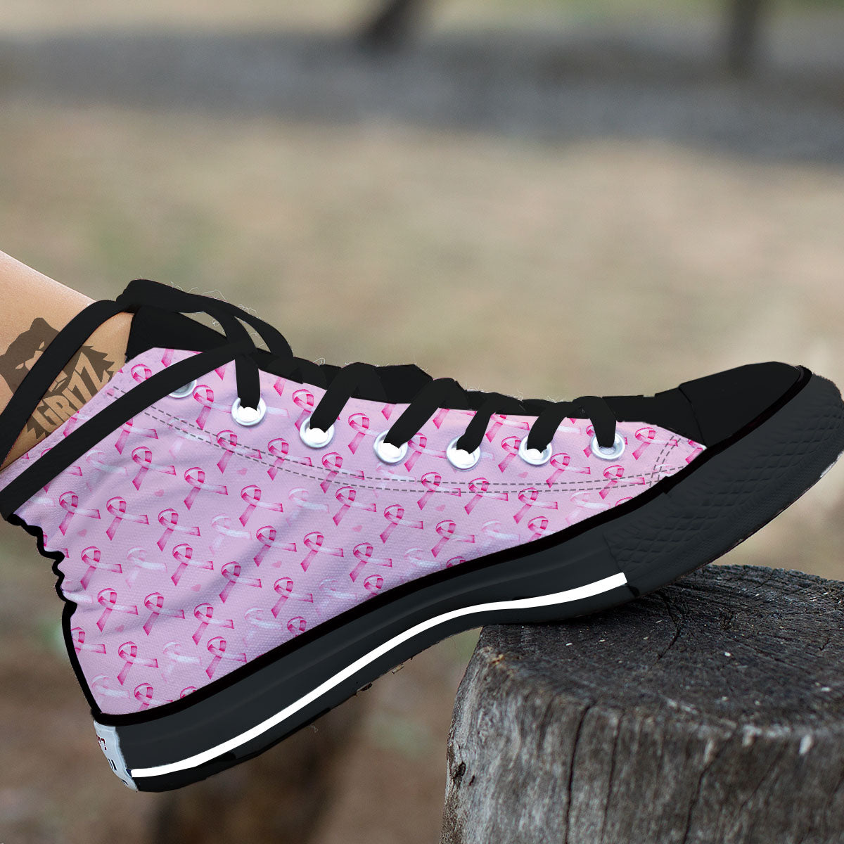Breast Cancer Awareness Print Pattern Black High Top Shoes-grizzshop