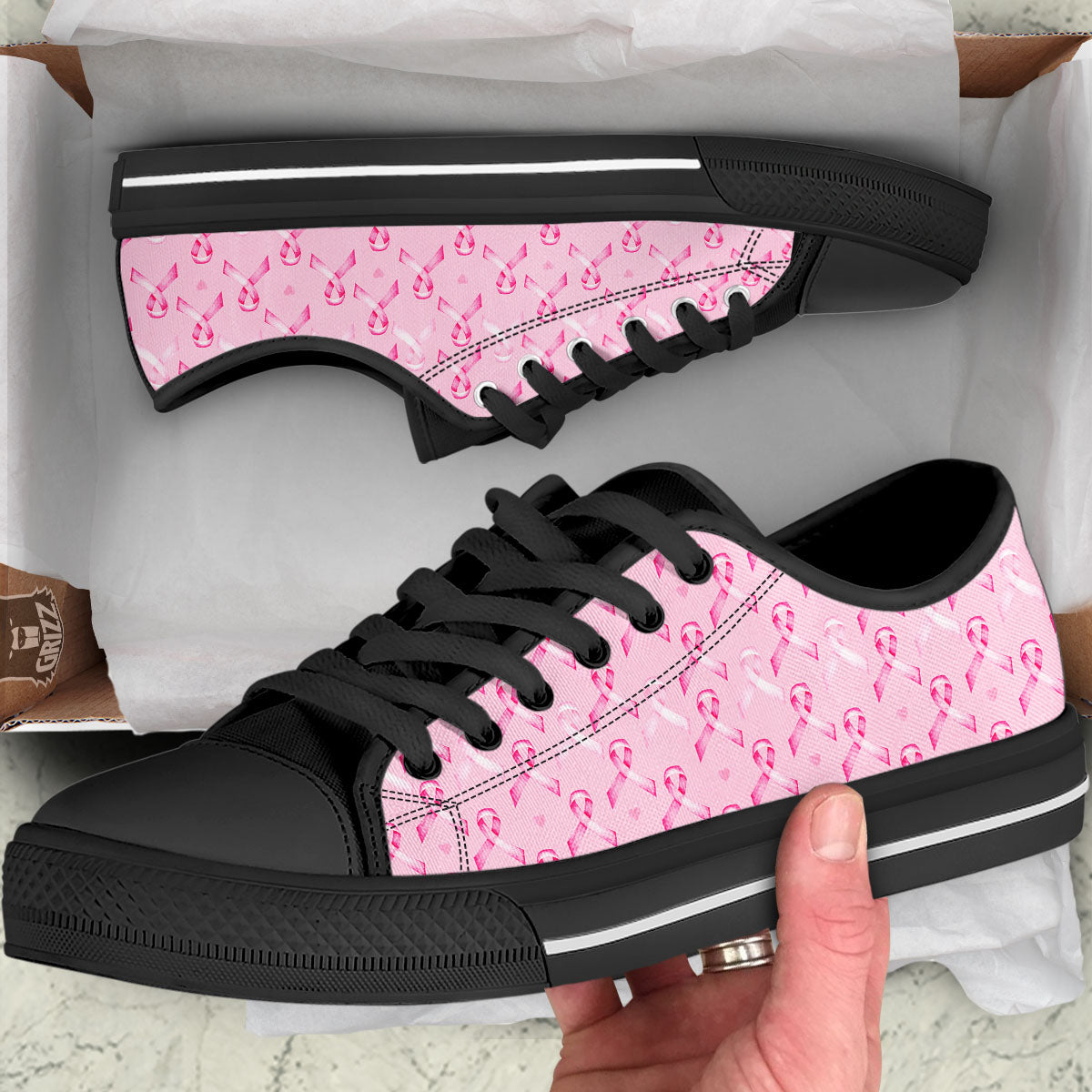 Breast Cancer Awareness Print Pattern Black Low Top Shoes-grizzshop