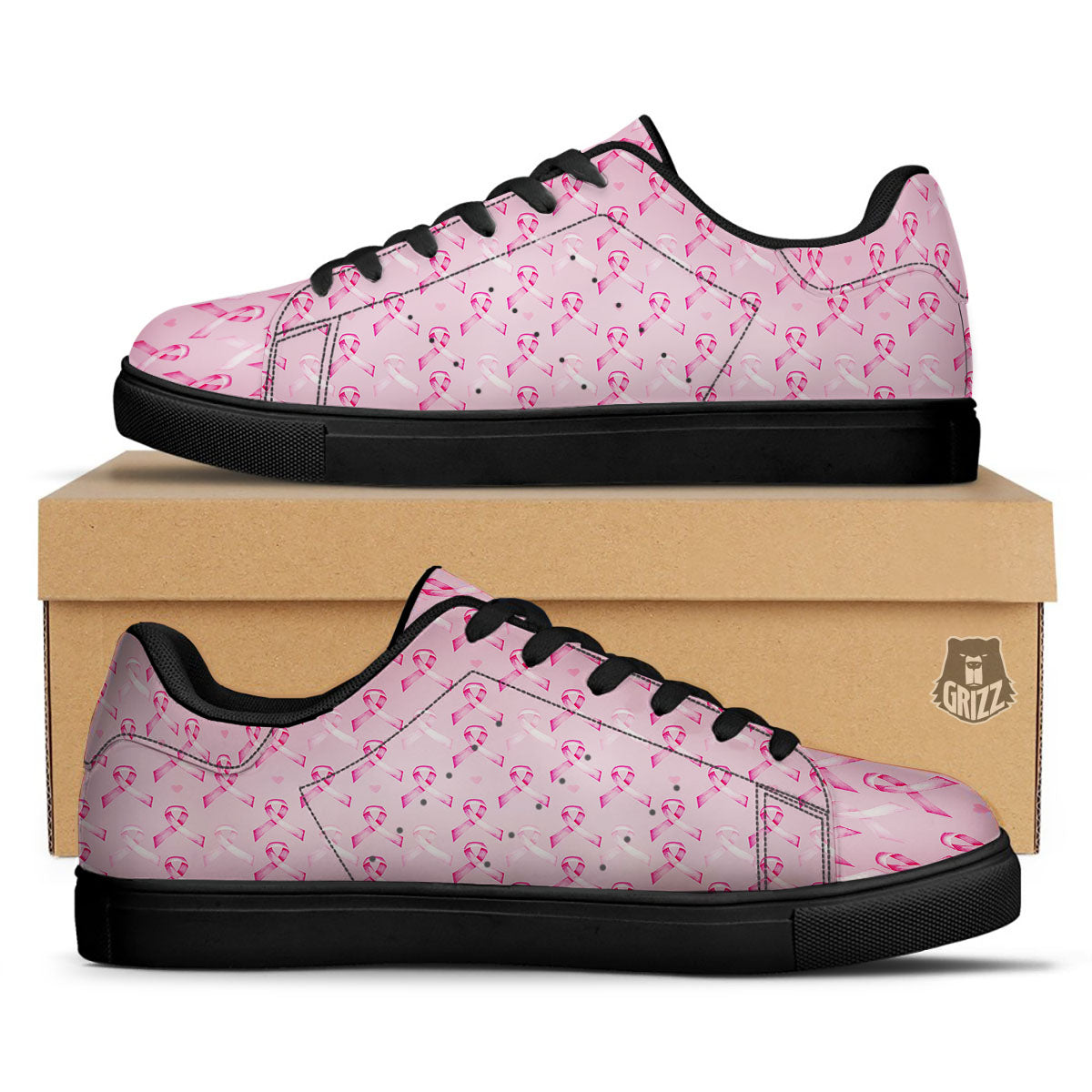 Breast Cancer Awareness Print Pattern Black Low Top Sneakers-grizzshop