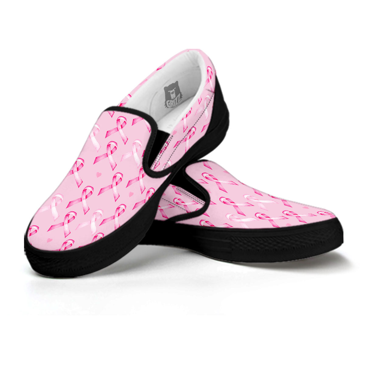 Breast Cancer Awareness Print Pattern Black Slip On Shoes-grizzshop