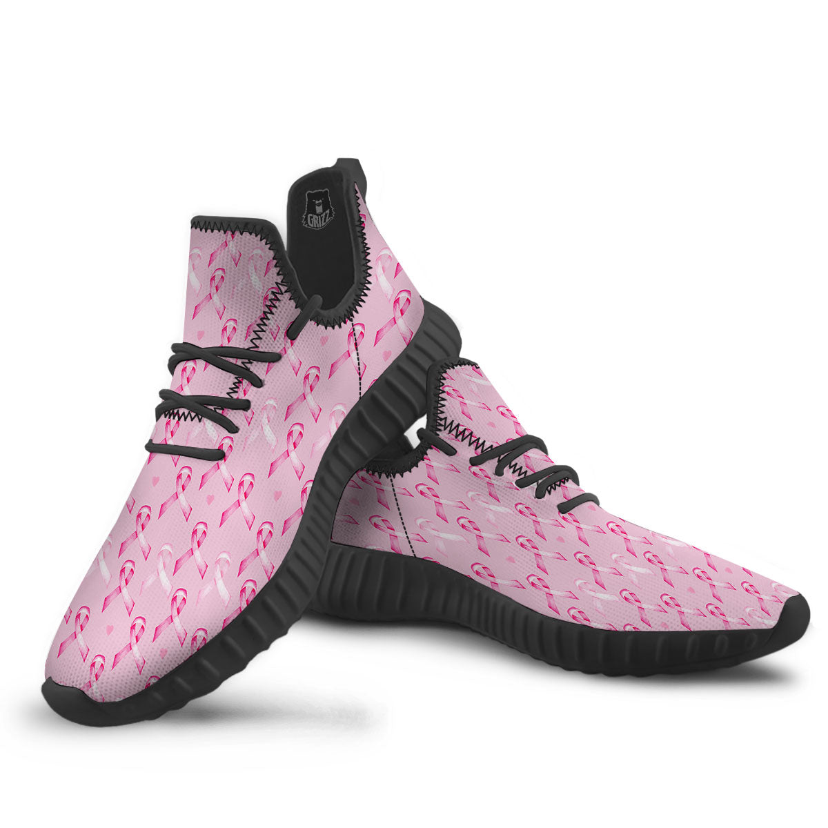 Breast Cancer Awareness Print Pattern Black Walking Shoes-grizzshop