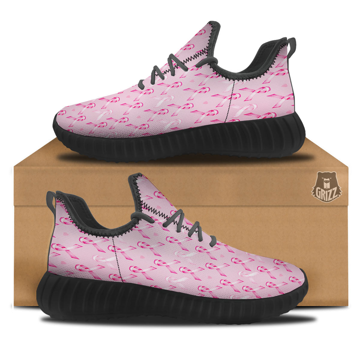 Breast Cancer Awareness Print Pattern Black Walking Shoes-grizzshop