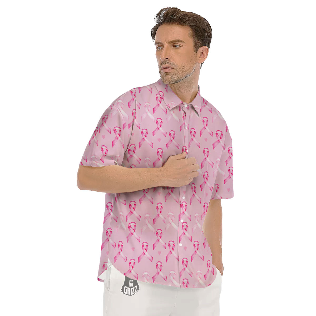 Breast Cancer Awareness Print Pattern Men's Short Sleeve Shirts-grizzshop