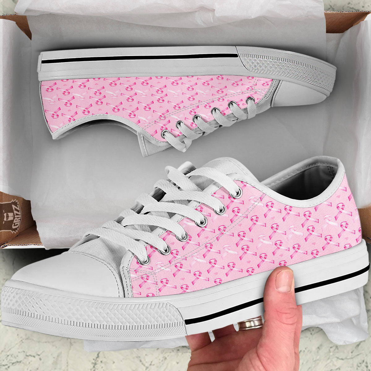 Breast Cancer Awareness Print Pattern White Low Top Shoes-grizzshop