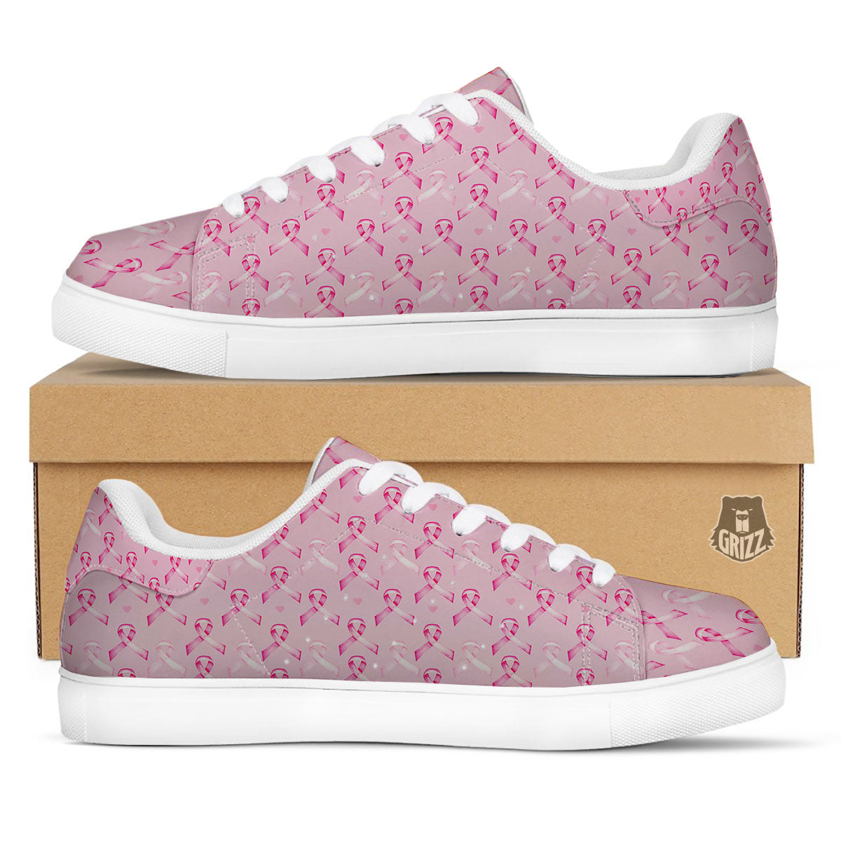 Breast Cancer Awareness Print Pattern White Low Top Sneakers-grizzshop