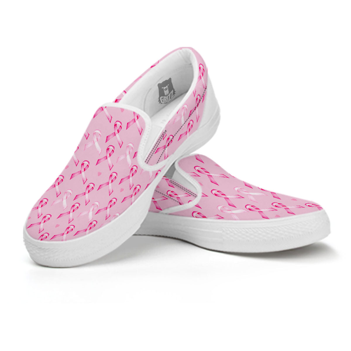 Breast Cancer Awareness Print Pattern White Slip On Shoes-grizzshop