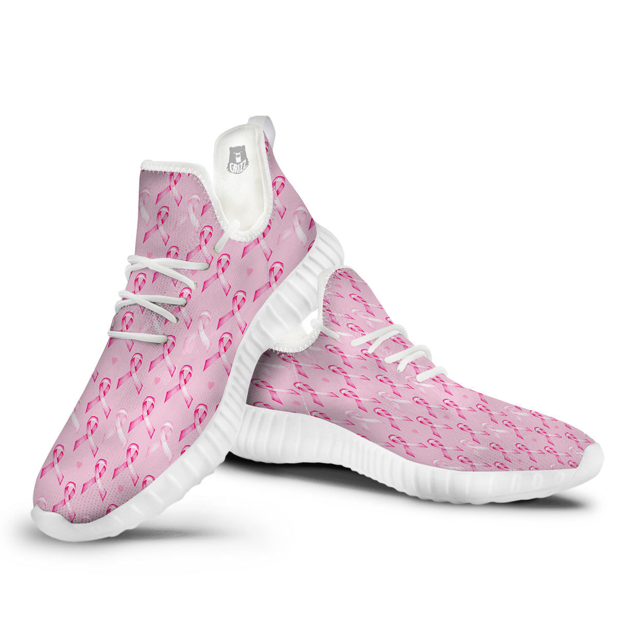 Breast Cancer Awareness Print Pattern White Walking Shoes-grizzshop