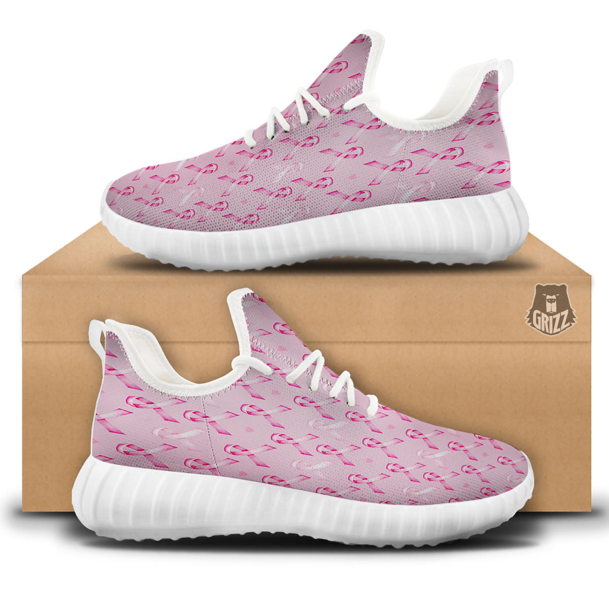 Breast Cancer Awareness Print Pattern White Walking Shoes-grizzshop