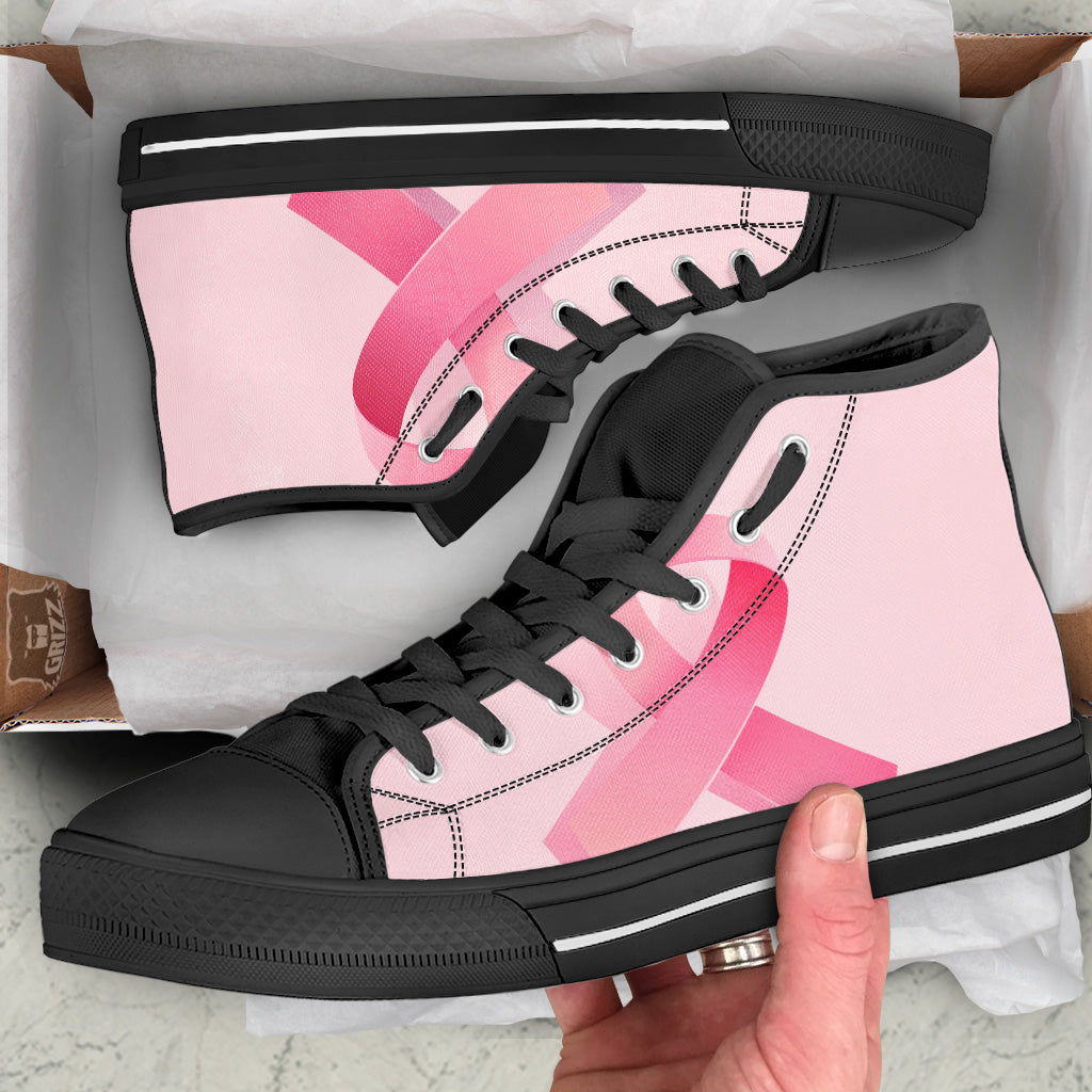 Breast Cancer Awareness Ribbon Print Black High Top Shoes-grizzshop