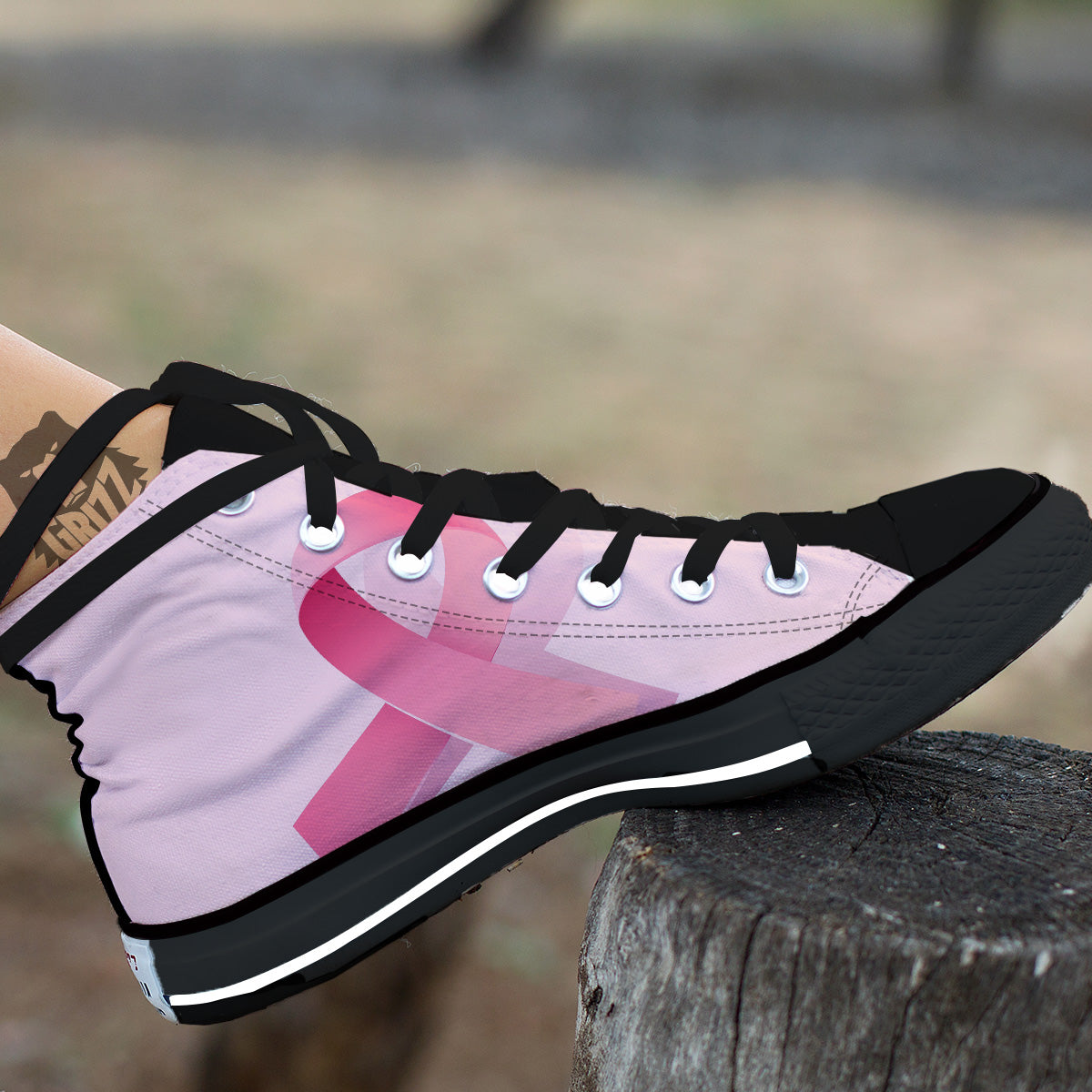 Breast Cancer Awareness Ribbon Print Black High Top Shoes-grizzshop