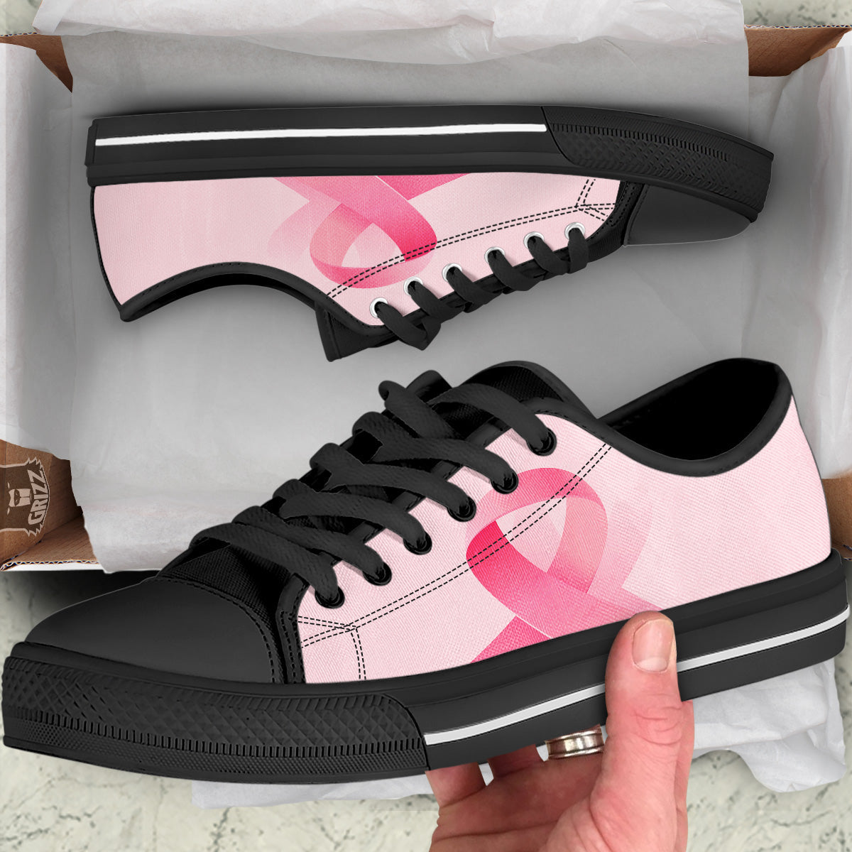 Breast Cancer Awareness Ribbon Print Black Low Top Shoes-grizzshop