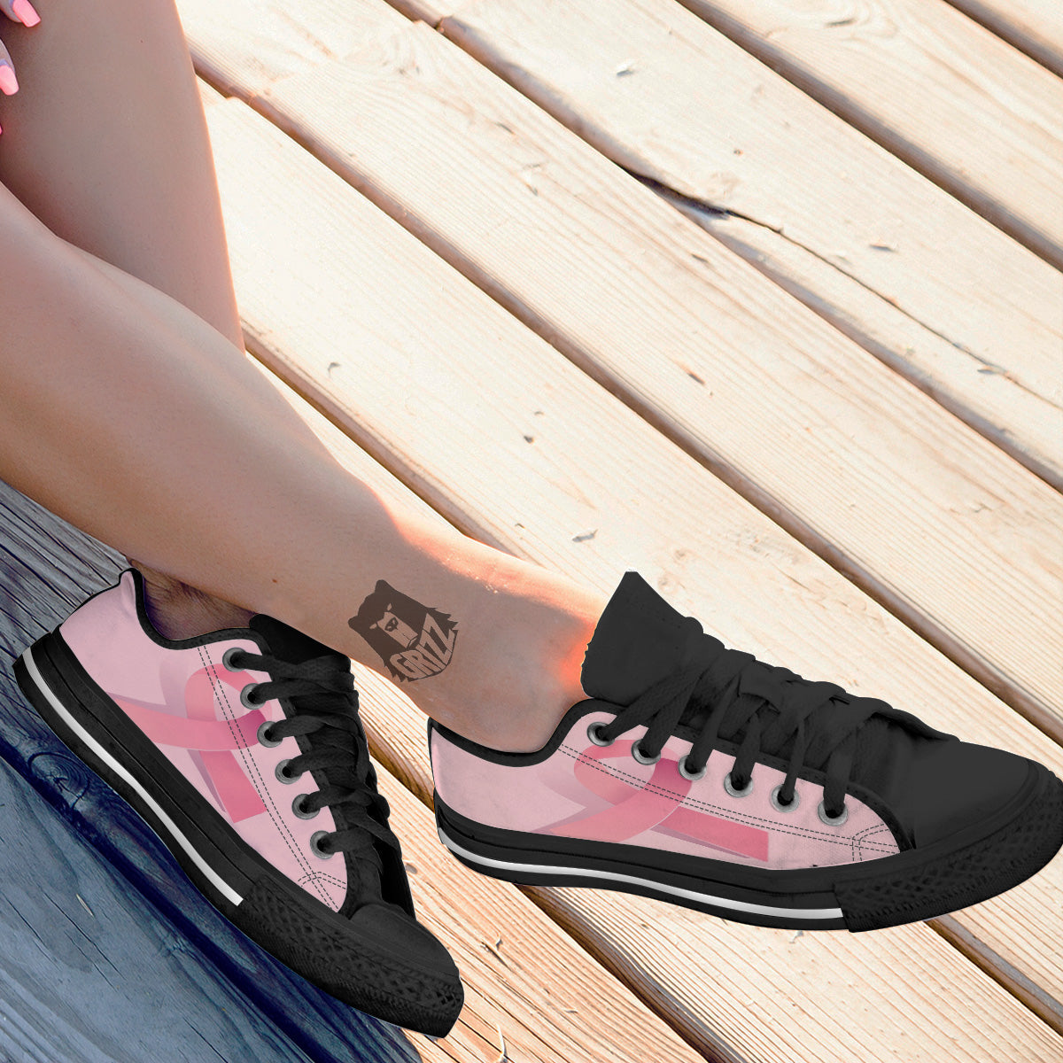 Breast Cancer Awareness Ribbon Print Black Low Top Shoes-grizzshop