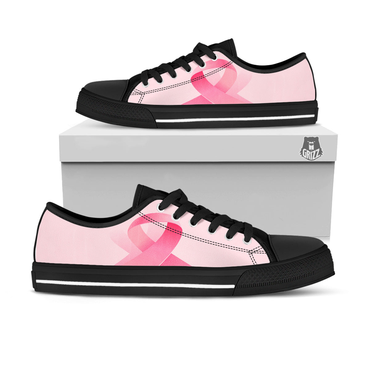 Breast Cancer Awareness Ribbon Print Black Low Top Shoes-grizzshop