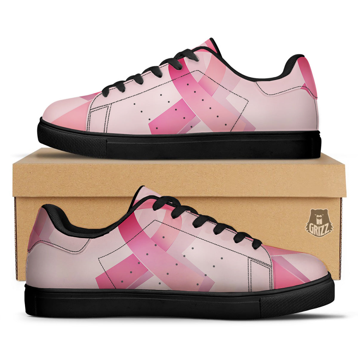 Breast Cancer Awareness Ribbon Print Black Low Top Sneakers-grizzshop