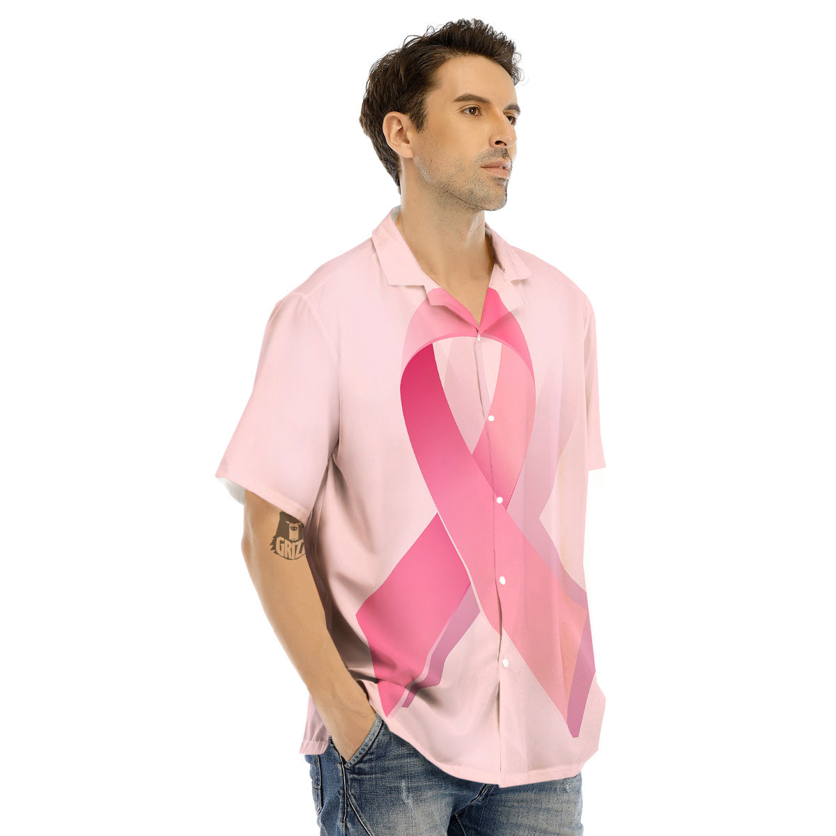 Breast Cancer Awareness Ribbon Print Men's Hawaiian Shirt-grizzshop