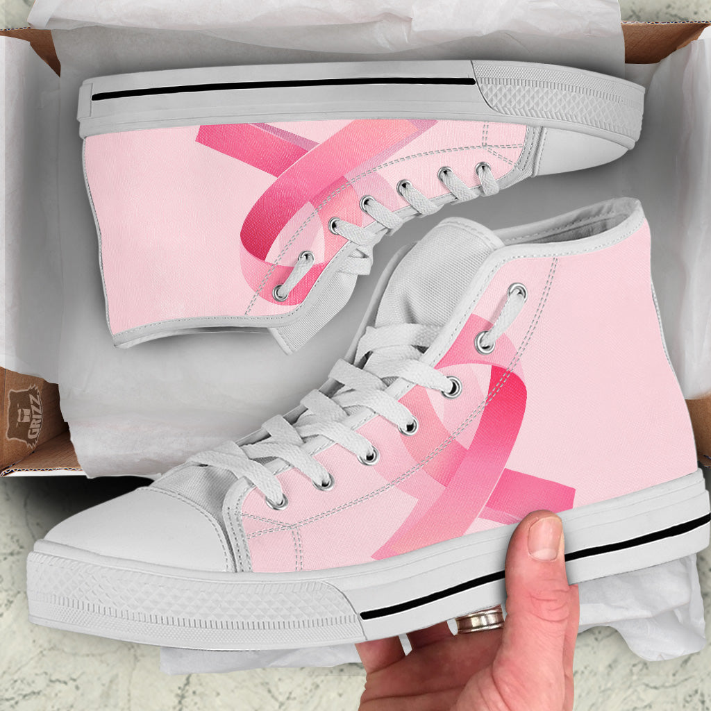 Breast Cancer Awareness Ribbon Print White High Top Shoes-grizzshop