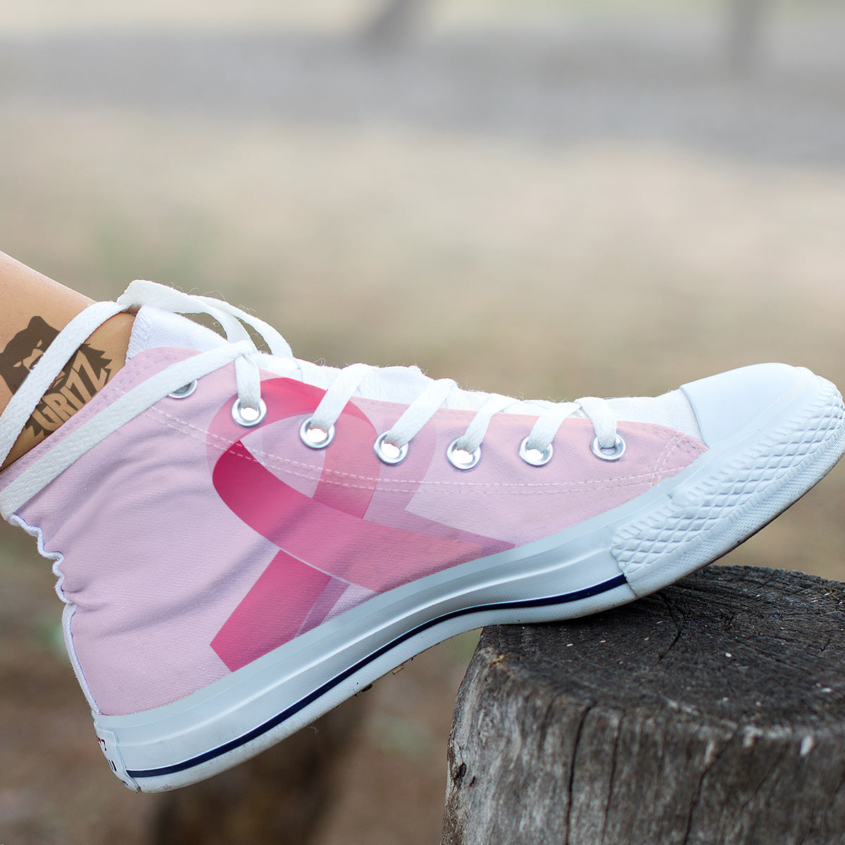 Breast Cancer Awareness Ribbon Print White High Top Shoes-grizzshop