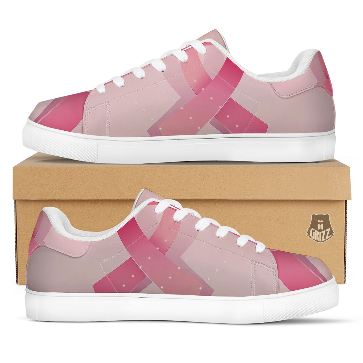 Breast Cancer Awareness Ribbon Print White Low Top Sneakers-grizzshop