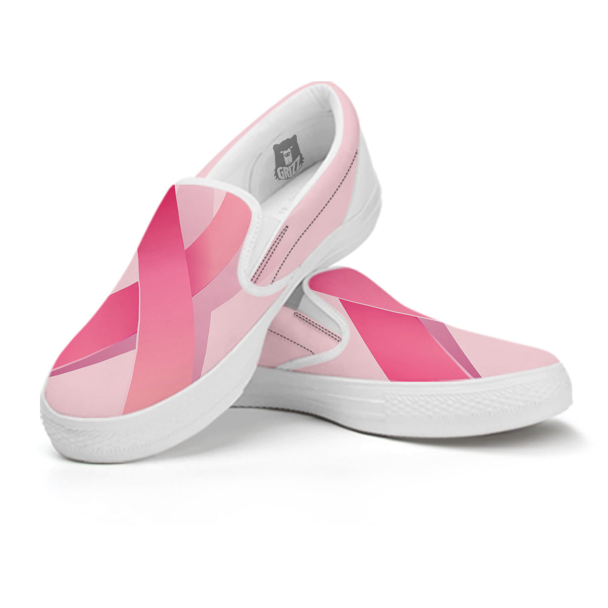Breast Cancer Awareness Ribbon Print White Slip On Shoes-grizzshop