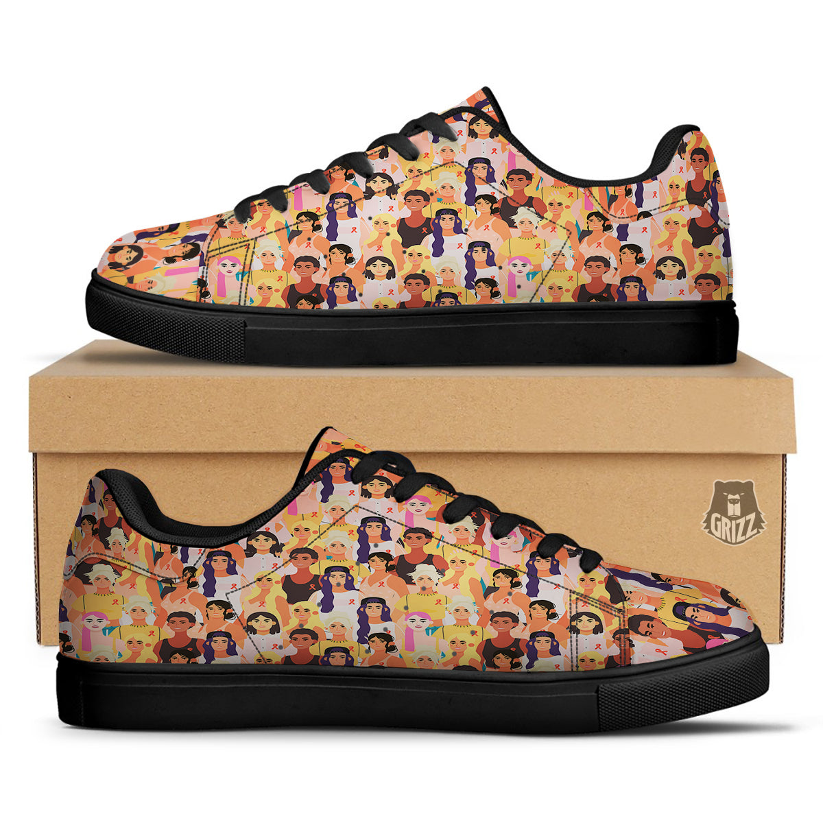 Breast Cancer Be Strong Print Pattern Black Low Top Sneakers-grizzshop