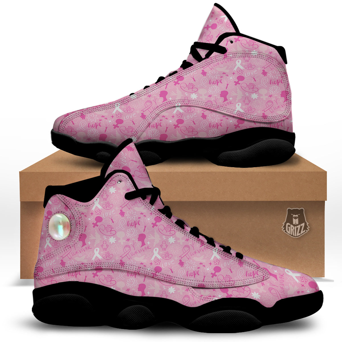Breast Cancer Cute Pink Print Pattern Cute Black Basketball Shoes-grizzshop