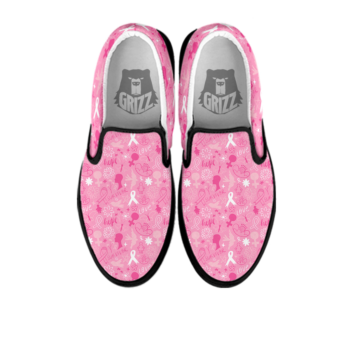 Breast Cancer Cute Pink Print Pattern Cute Black Slip On Shoes-grizzshop