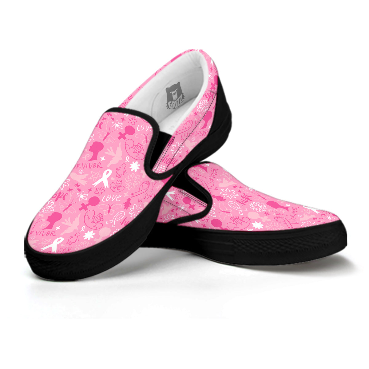 Breast Cancer Cute Pink Print Pattern Cute Black Slip On Shoes-grizzshop