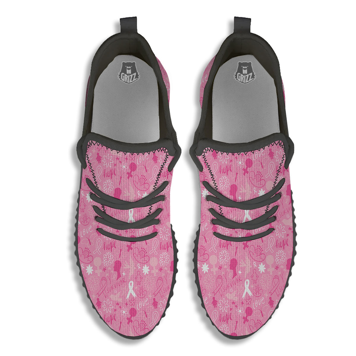 Breast Cancer Cute Pink Print Pattern Cute Black Walking Shoes-grizzshop