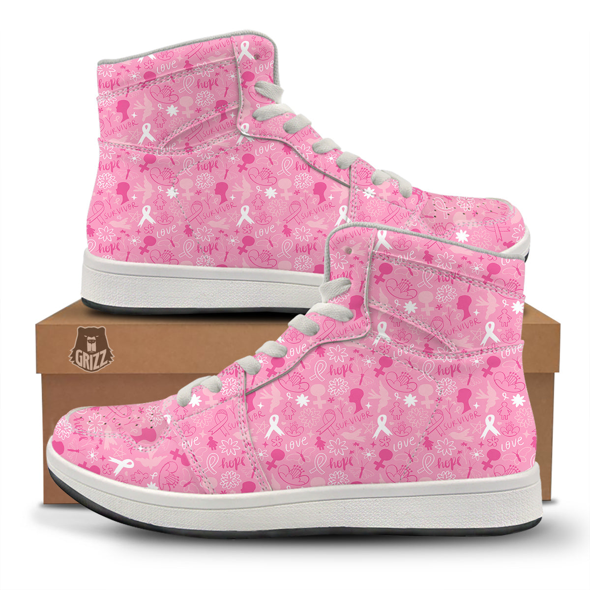 Breast Cancer Cute Pink Print Pattern Cute High Top Sneakers-grizzshop