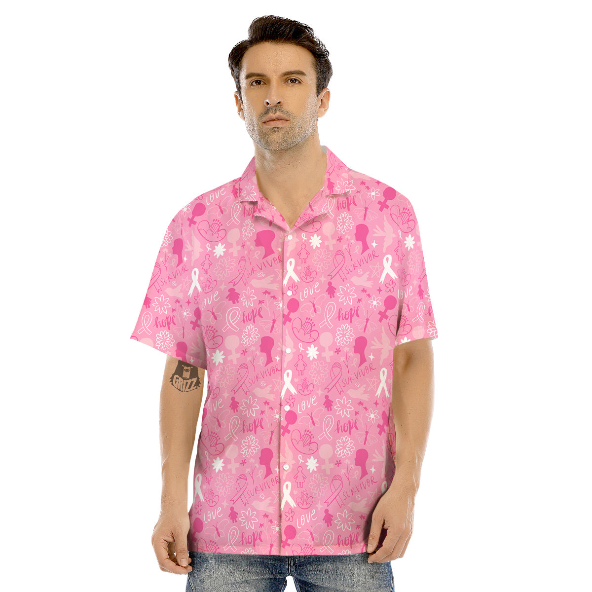 Breast Cancer Cute Pink Print Pattern Cute Men's Hawaiian Shirt-grizzshop