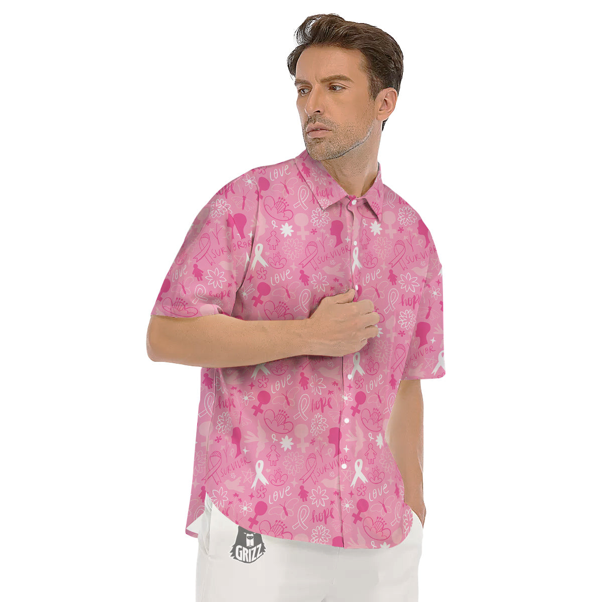 Breast Cancer Cute Pink Print Pattern Cute Men's Short Sleeve Shirts-grizzshop