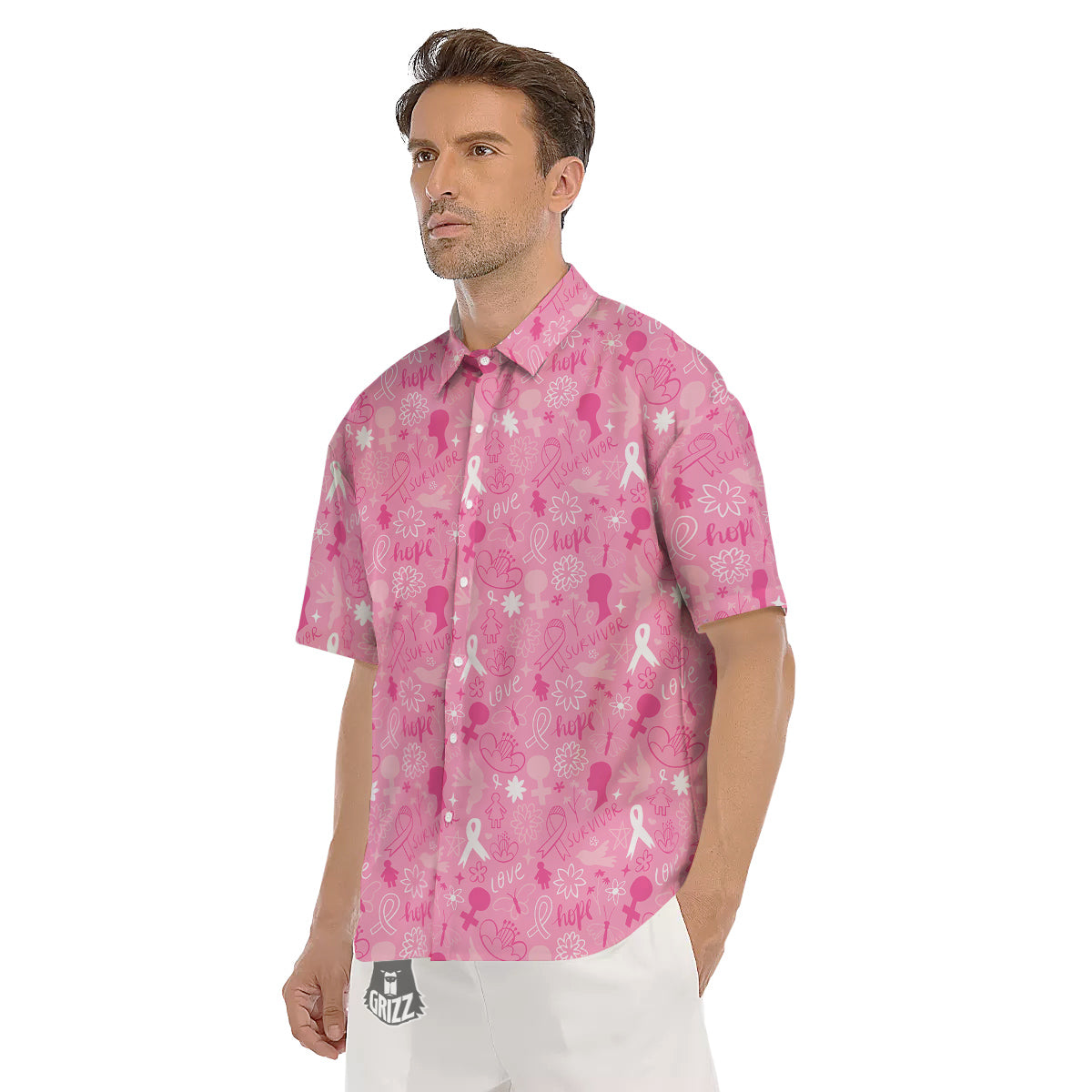 Breast Cancer Cute Pink Print Pattern Cute Men's Short Sleeve Shirts-grizzshop