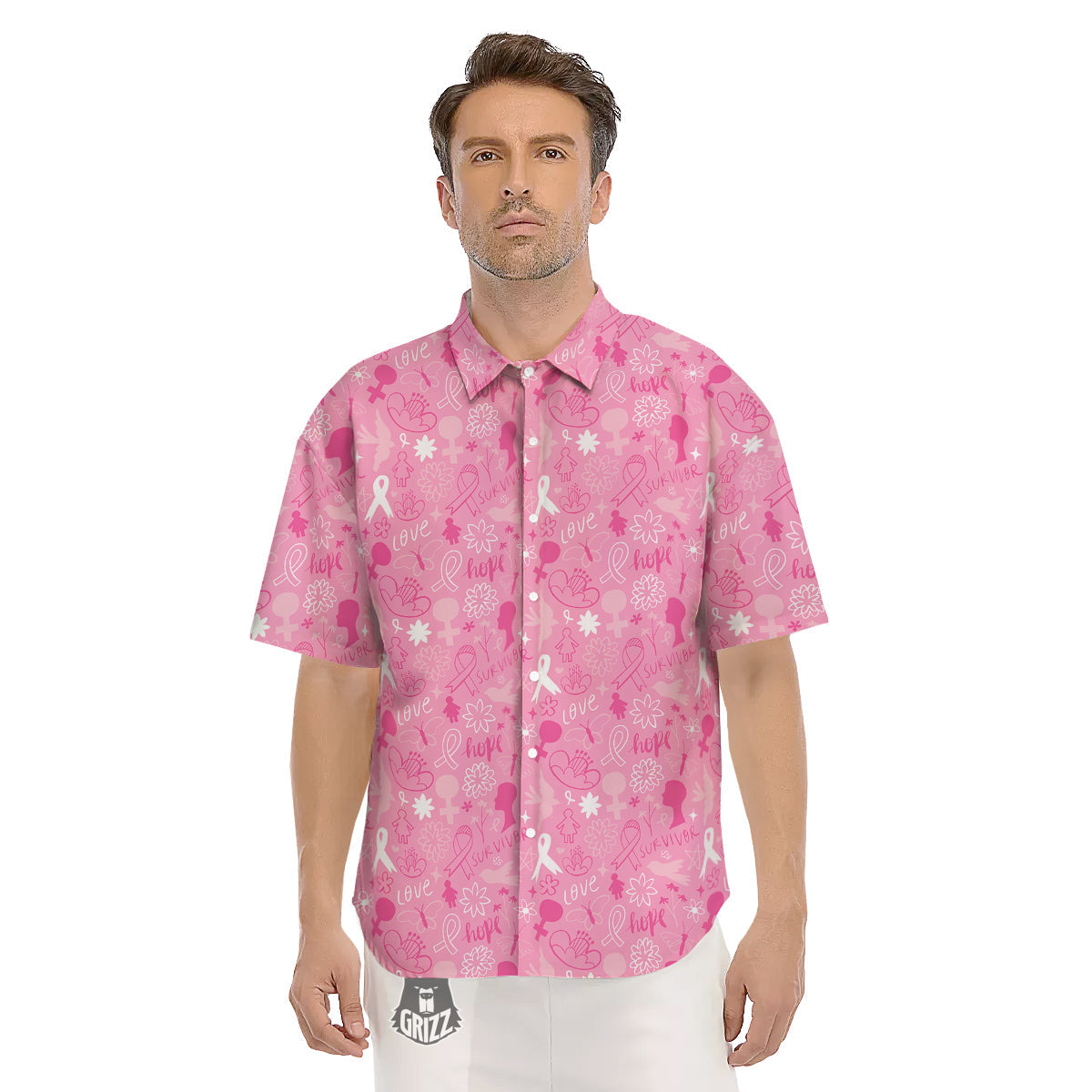 Breast Cancer Cute Pink Print Pattern Cute Men's Short Sleeve Shirts-grizzshop